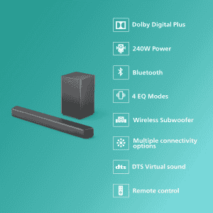 PHILIPS Bluetooth Soundbar | 240W | Dolby Digital Plus | 2.1 Channel | Dark Grey | TAB5309/94