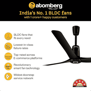 Atomberg Aris Contour Smart Ceiling Fan | 1200 mm | BLDC  with IoT, Remote Control & Ring Light LED for Speed Indication | Midnight Black