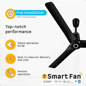 Atomberg Aris Contour Smart Ceiling Fan | 1200 mm | BLDC  with IoT, Remote Control & Ring Light LED for Speed Indication | Midnight Black