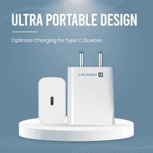 Portronics Adapto 25 Pro Type C Wall Charger | 25W | Type C to Type C Fast Charging Cable | White | POR 1964