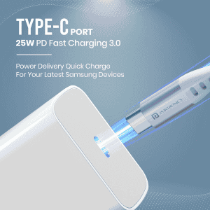 Portronics Adapto 25 Pro Type C Wall Charger | 25W | Type C to Type C Fast Charging Cable | White | POR 1964