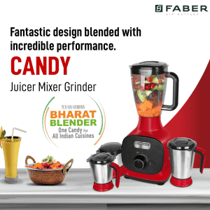 Faber Juicer Mixer Grinder | 800W | with 3 Stainless Steel Jar | Mystic Red | FMG Candy 800 3J+1 Pc