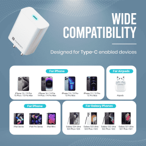 Portronics Adapto 25 Pro Type C Wall Charger | 25W | Type C to Type C Fast Charging Cable | White | POR 1964