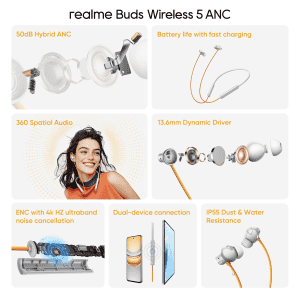 realme Buds Wireless 5 ANC Neckband | 50dB ANC | 13.6mm | Dawn Silver
