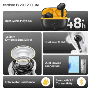 realme Buds T200 Lite Bluetooth in Ear Earbuds | 4 Mic | Google Fast Pair | Volt Black