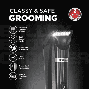 Havells Ballex Body Groomer | USB Type C Fast Charge | Black | BG3300