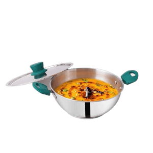 Indus Valley Stainless Steel Capsule Bottom Kadai with Green Bekelite and Handle | 26 cm | Silver