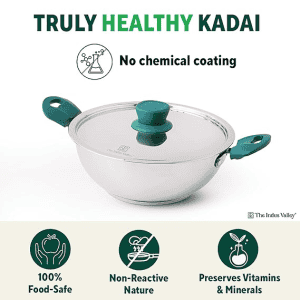 Indus Valley Stainless Steel Capsule Bottom Kadai with Green Bekelite and Handle | 26 cm | Silver