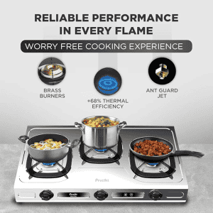 Preethi Glory Plus | Stainless Steel Gas Stove | 3 Burner