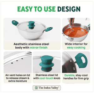 The Indus Valley Stainless Steel Capsule Bottom Kadai with Green Bekelite Handle | 22 cm
