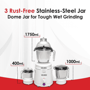 Volmax Ultra Dynamix Mixer Grinder | 900 Watts | 22000 Rotations Per Min | 3 Versatile Jars | White