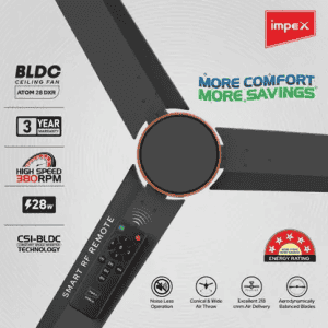 Impex BLDC Ceiling Fan with Remote Control | 1200 mm | ATOM 28 DXR | Brown