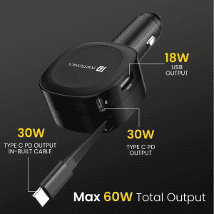 Portronics Car Power Flexo | 60W | 18W USB Type A | 30W Type C | 30W Retractable Type C Cable | POR 1877