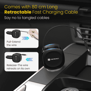 Portronics Car Power Flexo | 60W | 18W USB Type A | 30W Type C | 30W Retractable Type C Cable | POR 1877