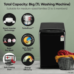 LG Smart Inverter Technology, Wi-Fi, Turbowash, Fully Automatic Top Load Washing Machine | 8 Kg | Onyx Black | T80V4OB1S
