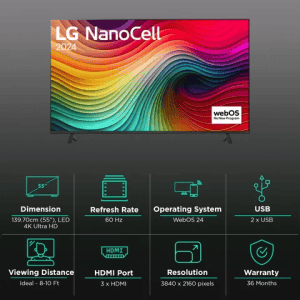 LG 4K Ultra HD Nanocell Smart TV | 139.7 cm (55 inch) | Black | 55NANO80T6A