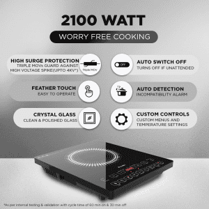 Preethi Induction Cooktop | 2100 W | Crystal Glass | Black | IC125