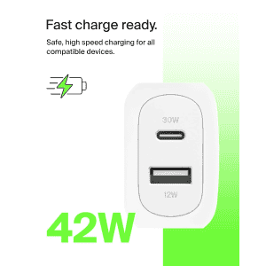 Belkin 42W Two Ports Wall Charger | USB C + A Charger | White | WCB009ZBWH