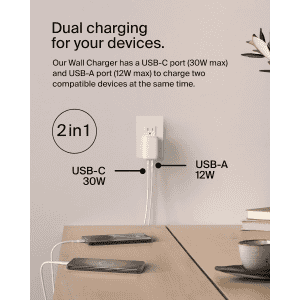 Belkin 42W Two Ports Wall Charger | USB C + A Charger | White | WCB009ZBWH