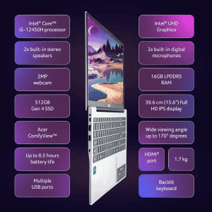 Acer Aspire Lite Laptop | Intel Core i5 12450 12th Gen | 16 GB | 512 GB SSD | Pure Silver | UN.347SI.00A