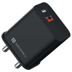 Portronics Adapto  Fast Charging Adaptor | 20W | 20B Dual Port | Type C PD & USB-A | USB-A Output | Type C PD Output | Black