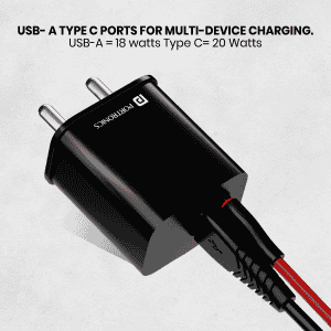 Portronics Adapto  Fast Charging Adaptor | 20W | 20B Dual Port | Type C PD & USB-A | USB-A Output | Type C PD Output | Black