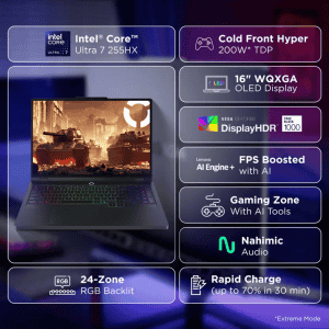 Lenovo Legion Pro 5 Gaming Laptop | Intel Core Ultra 7 255HX | 32 GB | 1 TB SSD | Windows 11 Home | 16 inch (40.6cm) | Eclipse Black | 83F3007CIN