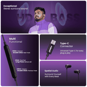 Salpido E14 Type C Wired Stereo Earphones | 10mm | Black