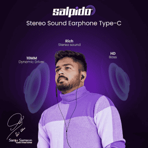 Salpido E14 Type C Wired Stereo Earphones | 10mm | Black