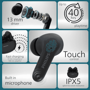 Philips In-Ear Earbuds | True Wireless | 40H | Black | TAT1269BK