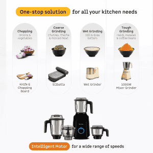 Atomberg Yulia Mixer Grinder | 750 W | 4 Multipurpose Jars including Chopper Jar  | Gloss Black