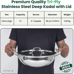 The Indus Valley Triply Stainless Steel Deep Kadai | SS Lid | 28cm | KC TP KAD 005