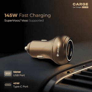 Lapcare CARGE 145W PD Super Fast Car Charger | 100W USB-A | 45W Type C | Golden | LCC-215