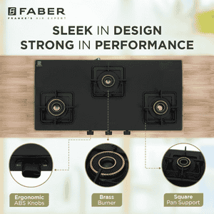 Faber Blossom Matt Glass Finish Cooktop | 3 Brass Burners-Jumbo, Medium & Small | Black