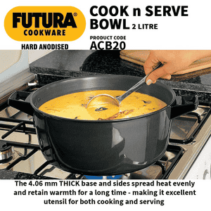 Hawkins Futura Cook n Serve Bowl | 2 Litre | Hard Anodised Saucepan | Hard Anodised Lid | Black | ACB20