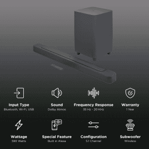 JBL 500 Bluetooth Soundbar with Subwoofer | Dolby Atmos | 5.1 Channel | 590W | Black | JBLBAR500PROBLKIN