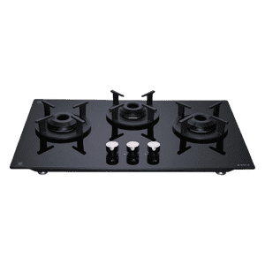 Elica Toughened Glass Top 3 Burner Automatic Hob | Black | RG FLEXI 360 LOTUS IND HD BRASS