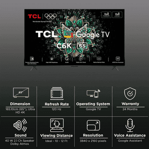 TCL QD-Mini LED 4K Ultra HD Smart Google TV | 165 cm (65 inch) | 65C6K