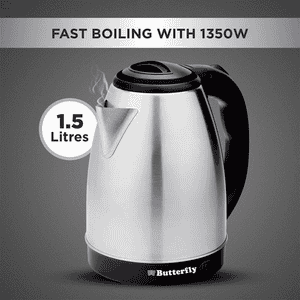 Butterfly Evo Pro 1.5L Electric Kettle | 1350 W | Auto Shut Off | Steel with Black