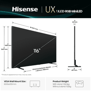 Hisense RGB MiniLED ULED Premium X Series 4K UHD Google Smart TV | 116 Inch | RGB Backlight MiniLED Up to 8000 nits  3D Color Master Pro | 116UX