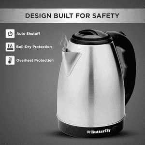 Butterfly Evo Pro 1.5L Electric Kettle | 1350 W | Auto Shut Off | Steel with Black