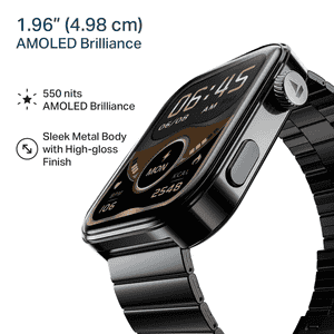 Boat Chrome Endeavour Square Smart Watch for Men & Women | Premium Metal Body | 1.96”(4.97cm) AMOLED Display | Steel Black