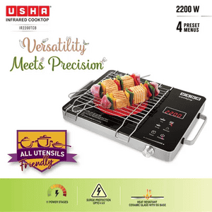 Usha Infrared Induction Cooktop | 2200W | 4 Preset Menus | Black | IR2200TCB