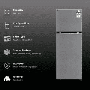 LG Frost Free Double Door Convertible Refrigerator | 322 Litres | 2 Star | Shiny Steel | 2026 Model | GLT3226SNPZ