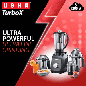USHA TurboX Mixer Grinder | 1200W | Faster and finer grinding | 4 Jars | Black