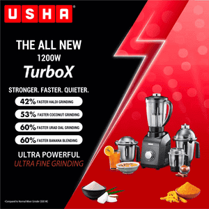 USHA TurboX Mixer Grinder | 1200W | Faster and finer grinding | 4 Jars | Black