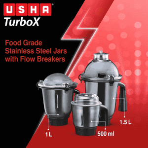 USHA TurboX Mixer Grinder | 1200W | Faster and finer grinding | 4 Jars | Black