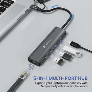 Portronics Mport Edge High-Speed Connectivity Hub | Type-C Charging Support | 5 Ports Dual USB Hub | Grey | POR 2931