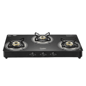 Prestige Royale Plus GT 03L Toughened Black Glass Top Gas Stove | 3 Brass Burners | Black