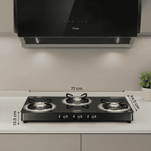 Prestige Royale Plus GT 03L Toughened Black Glass Top Gas Stove | 3 Brass Burners | Black